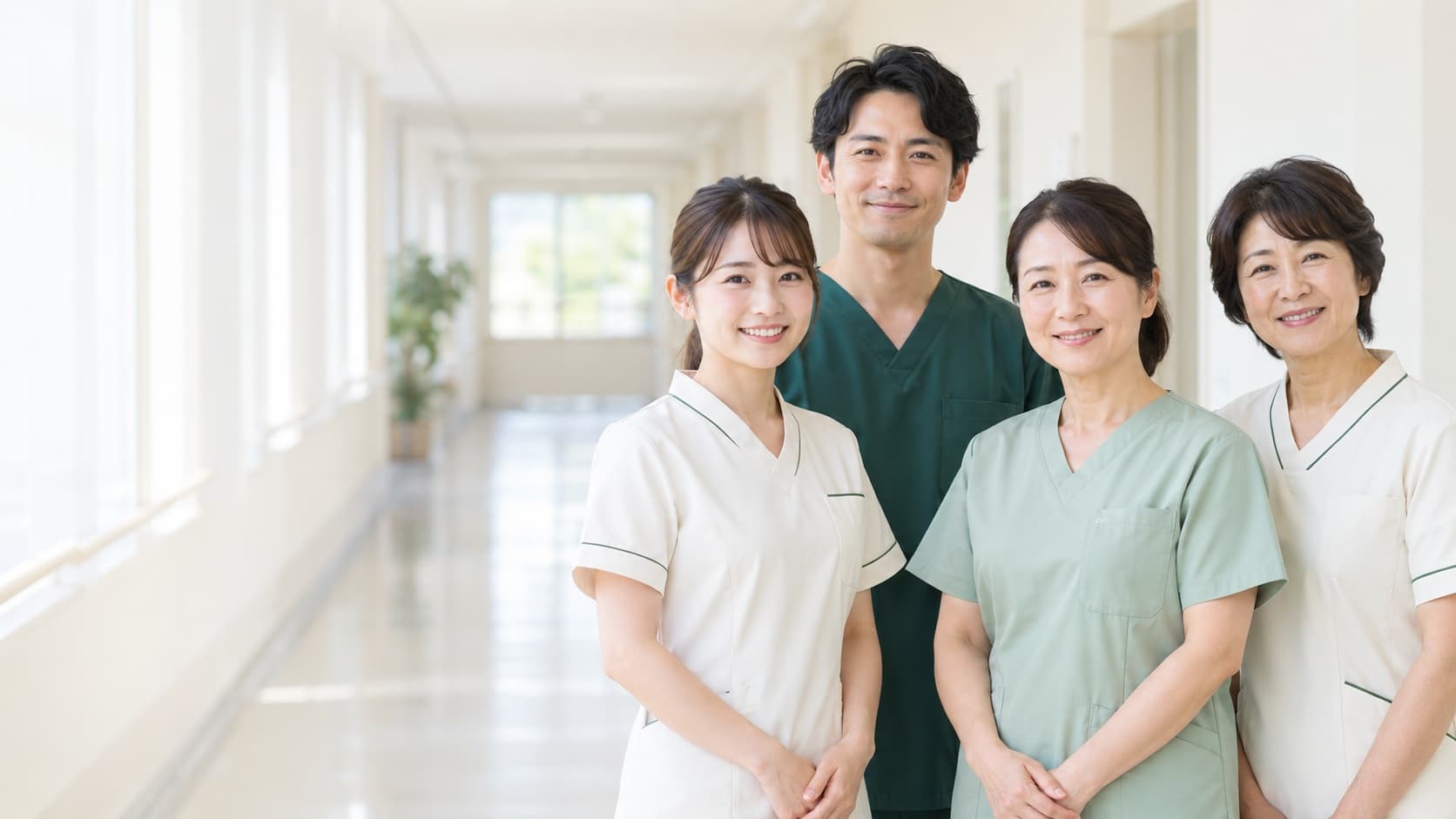 20代・40代・50代の女性と30代の男性、4名の看護職が明るい院内でほほえむイメージ